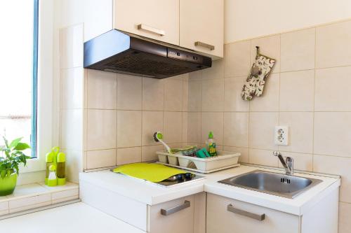 a small kitchen with a sink and a stove at Apartment Mia in Rijeka