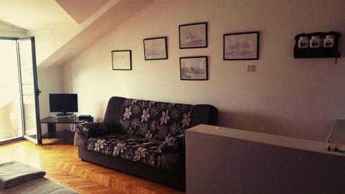 een woonkamer met een bank en een tv bij Apartment The Royal Pg in Podgorica