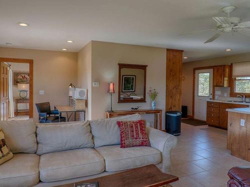 GowensvilleにあるAmazing Cabin Rental on 22-Acre Horse Farm near Tryon International Equestrian Center, South Carolinaのソファとキッチンのあるリビングルーム