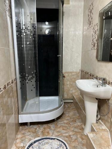 a bathroom with a shower and a sink at Центр города Цум in Almaty