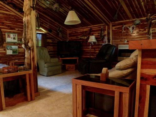 un salon avec un canapé et une télévision dans une cabine dans l'établissement Farmhouse Cabin Getaway near Ozark Forest in Arkansas, à Marshall
