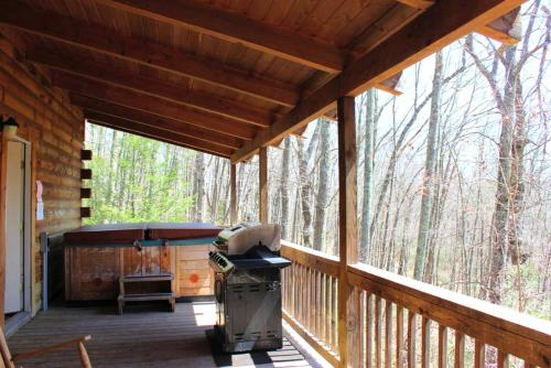 a screened in porch of a cabin with a grill at Spectacular Cabin Rental for Large Groups near New River in West Virginia in Hico