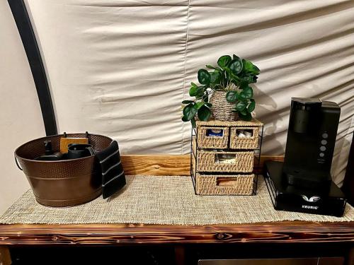 einem Tisch mit Topfpflanze in der Unterkunft Elegant, Vintage Conestoga Covered Wagon Getaway in Denver, Pennsylvania in Denver