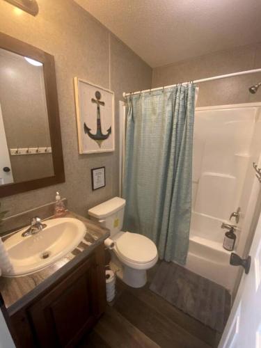 a bathroom with a sink and a toilet and a shower at Incredible Cottage with Fire Pit in Dunnellon, Florida in Dunnellon