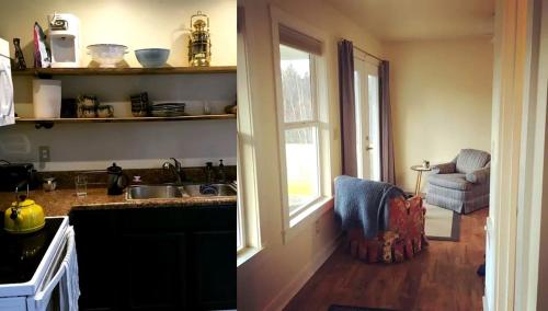 una cucina con lavandino, finestra e sedia di Cozy Cabin in the Idyllic Blue Ridge Mountains, Virginia a Konnarock