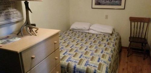 a small bedroom with a bed and a dresser at Lakefront Cabin Rental with Incredible Sunsets on Lake Wallenpaupack, Pennsylvania in Tafton