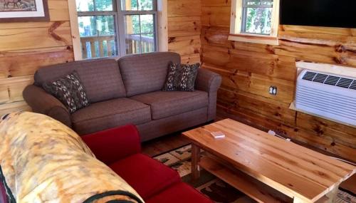 a living room with a couch and a table at Authentic Stunning Cabin Rental with Private Jacuzzi near Huntington, West Virginia in Genoa