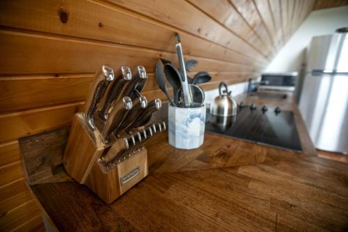 a kitchen counter with a knife block with utensils at Beautiful A-frame with Hot-tub in Makanda, Illinois in Goreville