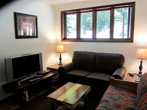 un soggiorno con un divano e una televisione di Mountain Cabin Rental with Modern Amenities in Lake Placid, New York a Whiteface