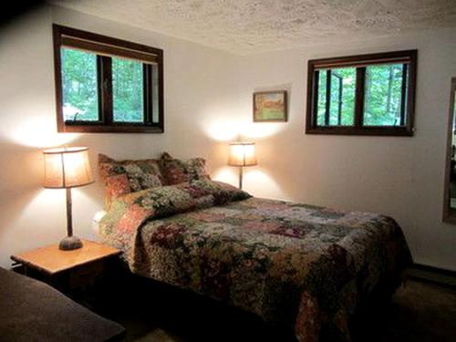 - une chambre avec un lit, 2 lampes et 2 fenêtres dans l'établissement Mountain Cabin Rental with Modern Amenities in Lake Placid, New York, à Whiteface