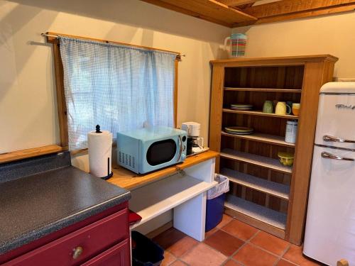 a kitchen with a counter with a microwave and a refrigerator at Cozy Rustic Cabin with Riverside Patio on the Pecos River – Pecos, New Mexico in Pecos
