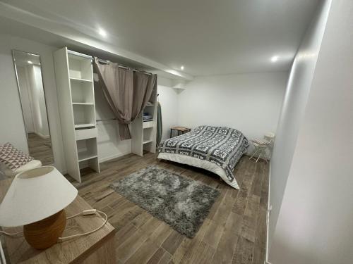 ein Schlafzimmer mit einem Bett und einer Lampe auf einem Holzboden in der Unterkunft Appartement proche de la rivière et de la plage ! in Vico