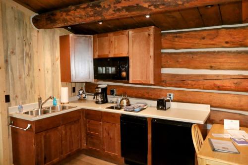 a kitchen with wooden cabinets and a sink at Family-Friendly Cabin Rental Hidden in Woods of North Central Colorado in Columbine