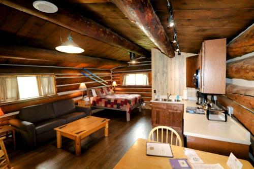 a living room with a couch and a bed at Family-Friendly Cabin Rental Hidden in Woods of North Central Colorado in Columbine