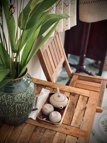 a table with a potted plant and a vase on it at Bến Tre Homestay in Ben Tre
