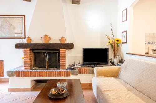 a living room with a fireplace and a tv at Apartament Monastero in Cortona