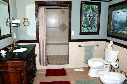 a bathroom with a toilet and a shower and a sink at Romantic Getaway for Two in a Peaceful Suite near Coeur d'Alene, Idaho in Careywood