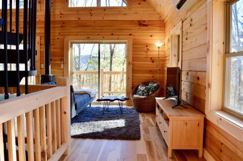 a log cabin living room with a tv and a couch at Luxury Log Cabin with Mountain and Forest Views near Asheville, North Carolina in Goodluck