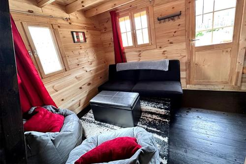 a room with two beds and a couch in a cabin at Secluded, Pet Friendly Cabin near Denali National Park with Mountain and Lake Views, Perfect for an Alaskan Escape in Cantwell