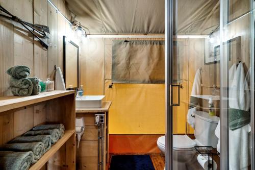 a bathroom with a shower and a toilet and a sink at Glorious Tented Cabin with Fire Pit and Gorgeous Sky Views in Sevierville, Tennessee in Wear Valley
