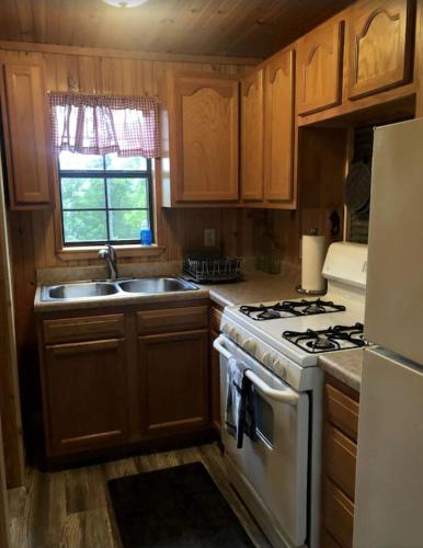 a kitchen with a white stove and a sink at Cozy Cabin Rental near Ozark National Forest for a Relaxing Weekend Getaway in Arkansas in Marble Falls