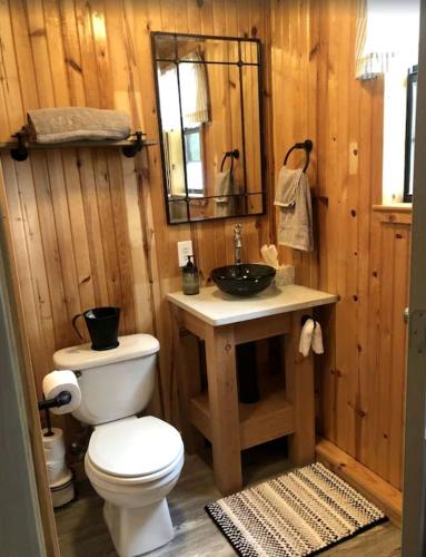 a wooden bathroom with a toilet and a sink at Cozy Cabin Rental near Ozark National Forest for a Relaxing Weekend Getaway in Arkansas in Marble Falls