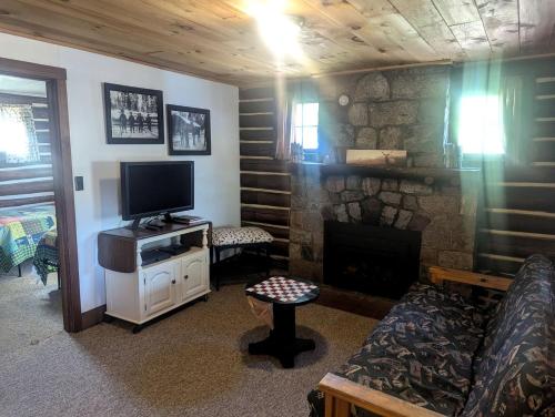 a living room with a tv and a fireplace at Enchanting Woodland Cabin Perfect for a Family Getaway on Moose Lake, Wisconsin in New Post