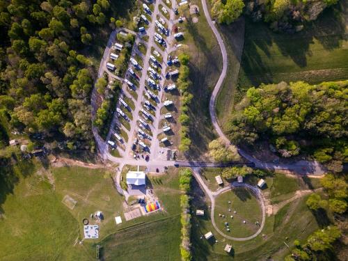 an aerial view of a parking lot with parked cars at Cozy Tented Cabin with Fire Pit and Barbecue in Logan, Ohio in Logan