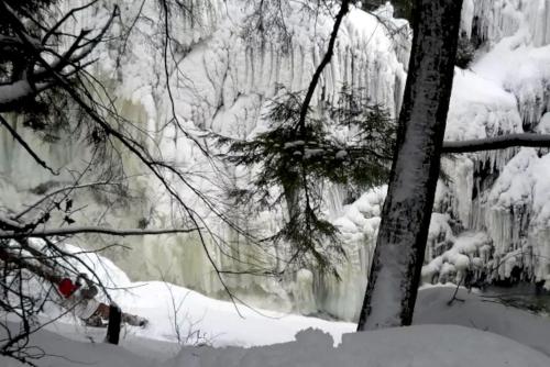 a snow covered forest with trees and a waterfall at Luxury Open Floor Plan Studio Rental in Nine-Acre Sculpture Garden in the Adirondacks in Wells