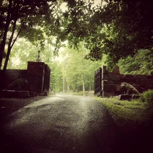 a dirt road with a bridge and trees on the side at Regal Suite Rental in Breathtaking Castle near Lake George, Upstate New York in Bolton Landing