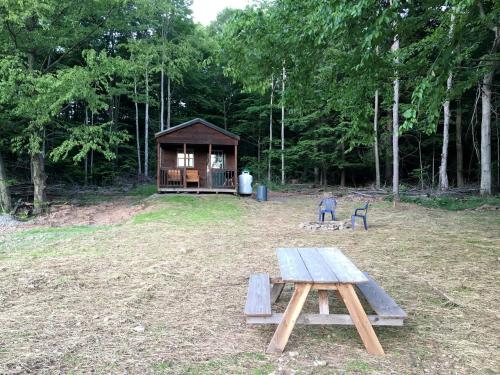 a wooden picnic table in front of a cabin at Log Cabin for Family Glamping Vacation near Cherry Springs State Park, Pennsylvania in Short Run