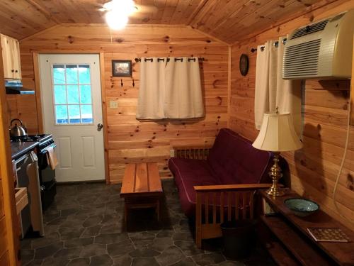 una sala de estar con sofá y mesa en una cabaña en Log Cabin for Family Glamping Vacation near Cherry Springs State Park, Pennsylvania, en Short Run