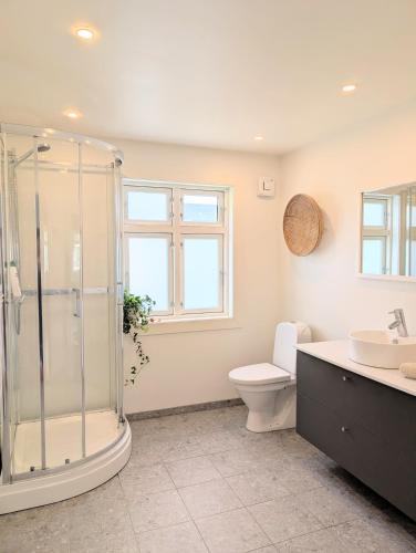 a bathroom with a shower and a toilet and a sink at Bellahuset - Charming House in Ulsteinvik in Ulsteinvik