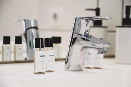 a bathroom sink with two bottles of moisturizers and a faucet at Studio sous les toits Annecy Centre-Ville in Annecy