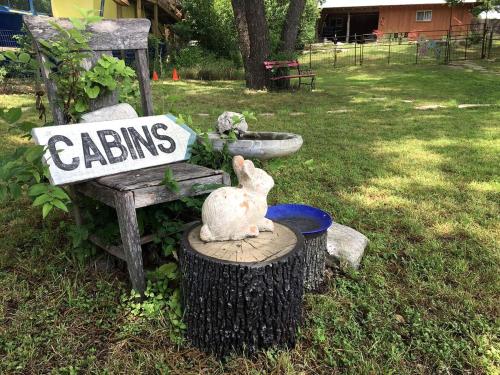 a rabbit sitting on a stump next to a sign at Cozy Cabin near the Gaudalupe River in Old Ingram Loop, Texas in Ingram