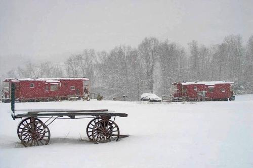 ein schneebedeckter Picknicktisch auf einem schneebedeckten Feld in der Unterkunft Authentic Caboose in the Blue Ridge Mountains of Virginia in Laurel Fork
