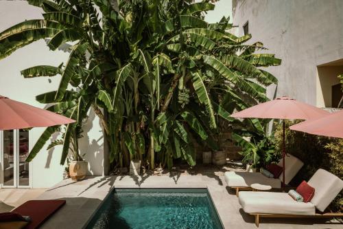 a pool with chairs and umbrellas and a palm tree at Palazzo Piccinno in Parabita