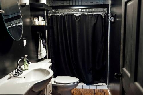 a bathroom with a toilet and a sink and a shower at Entire Three Cabins Property Perfect for Big Groups in Marion, Illinois in Sunset Harbor