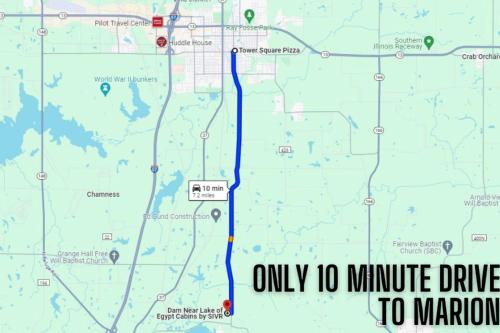 a map of the road with a blue at Entire Three Cabins Property Perfect for Big Groups in Marion, Illinois in Sunset Harbor
