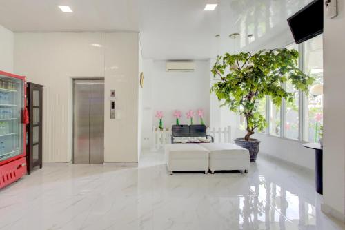 a white living room with a white couch and a plant at Capital O 94792 Aleander Hotel in Jakarta