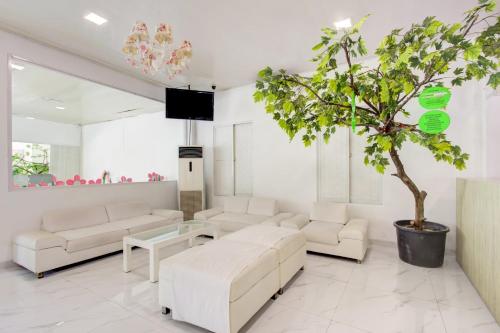 a living room with white furniture and a potted tree at Capital O 94792 Aleander Hotel in Jakarta
