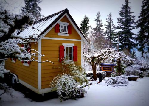 a small house with a red window in the snow at Adorable Rural Tiny House Rental on the Puget Sound in Olympia, Washington in Beachcrest