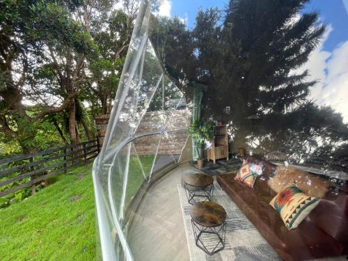 a view of a patio with a couch and chairs at GLAMFOREST Okinawa 名護 in Nago
