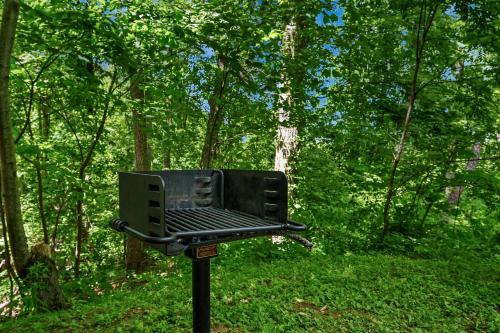 a grill sitting in the middle of a forest at Charming Cabin with Spa and Mountain Views in Sevierville, Tennessee in Pinnacle