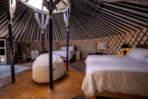 a bedroom with two beds in a yurt at Family-Friendly Yurt for Stargazing near Joshua Tree National Park, California in Sunfair Heights