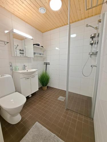 a bathroom with a toilet and a shower and a sink at Aurinkotuuli C9 in Kalajoki
