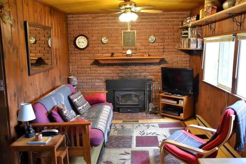 a living room with a couch and a fireplace at Your Perfect Getaway: Mountain Cabin Retreat with Hot Tub and Fireplace in Lisbon, NH in Lisbon