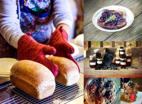 a woman in red gloves making bread and a plate of food at Family-Friendly Cabin Rental with River Views near Knoxville in Greeneville