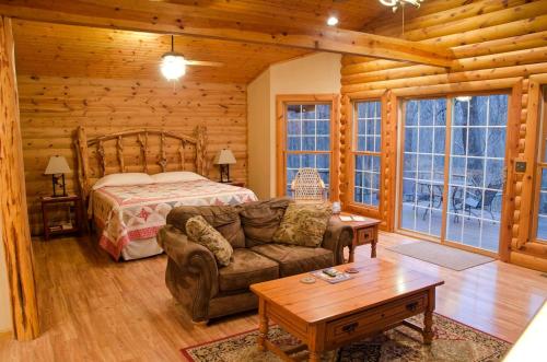 a bedroom with a bed and a couch and a table at Rustic Cozy Cabin with Hot-tub in Carbondale, Illinois in Etherton