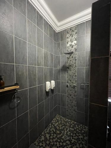 a bathroom with a shower with gray tiles at Bush Lovers Lodge in Modimolle
